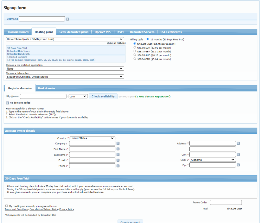 web hosting sign up page